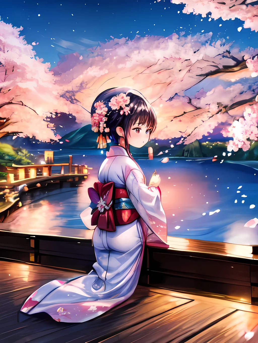 A beautiful night scene with cherry blossoms blooming under the moonlight, accompanied by a young girl wearing a traditional kimono, enjoying the serene atmosphere and gazing at the flowers in aweenchanting