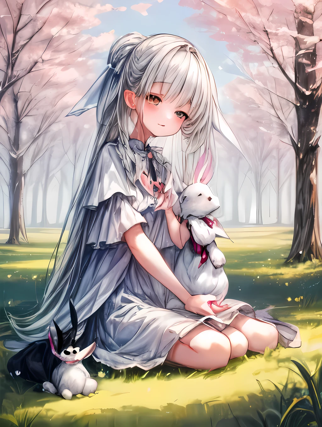 A girl playing with rabbits in a peaceful spring landscape.