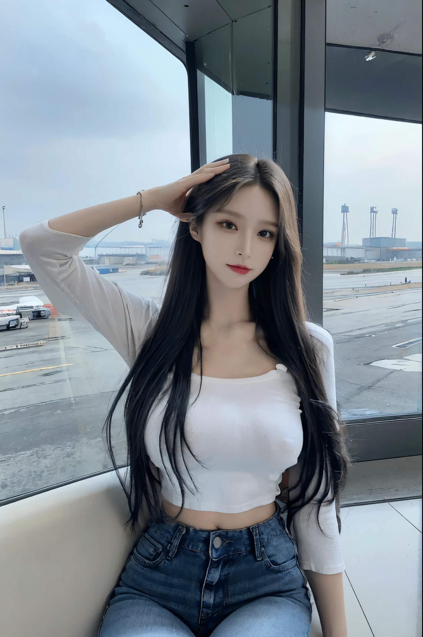 (masterpiece:1.5), Illustration, 4k, 8k, (high quality:1.1), Very detailed and detailed face, HDR, vivid colors, natural light, 1 girl solo, long black straight hair, (white t-shirt, crop tee, jeans, skinny jeans), revealing clothing, Carrier, slim, beautiful bridge, ((big bust)), Split breasts, Abs, wide pelvis, perfect skin, perfect hands,((Incheon International Airport)), Stunning views, ((inside)), airplane, airport boarding gate, big windows, cloud, selfie