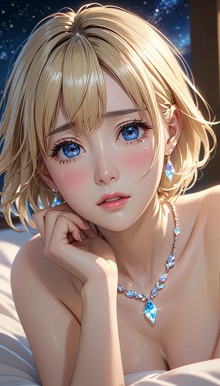 National Science Foundation,masterpiece,High resolution,8K,Art,digit,Three-dimensional,Realism,Kyoto Animation Style,your name movie style,looking into camera,Soft Light,Glowing skin,(1 female: 1.3),(alone: 1.4),(((blonde))),((Naked upper body)),(crystal hairpin),(small crystal necklace),(crystal small earrings),(crystal bracelet),(Crystal ring),Long eyelashes,Slender legs,Short Bob,Close-up of upper body,Close-up,close view,in the bedroom,Lying in bed,(Eyes as deep as the starry sky),(Shut up),(blush),(shy),(lovely and delicate),(Pitiful),(((cry))),(((Tears))),(((extremely sad))),(((despair)))