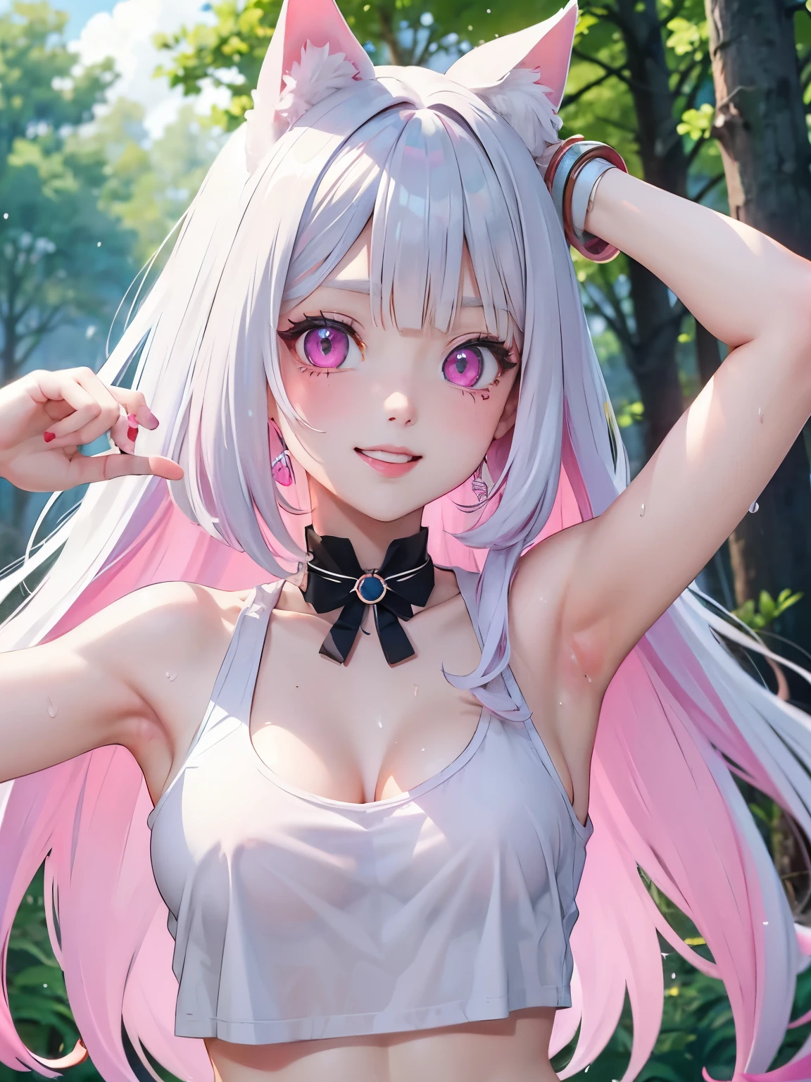 White hair. Short hair. Inner pink hair. Anime girl. Pink eyes. Glowing eyes. Nekomimi. Smiling. Tanktop. Wet armpit. Cleavage.