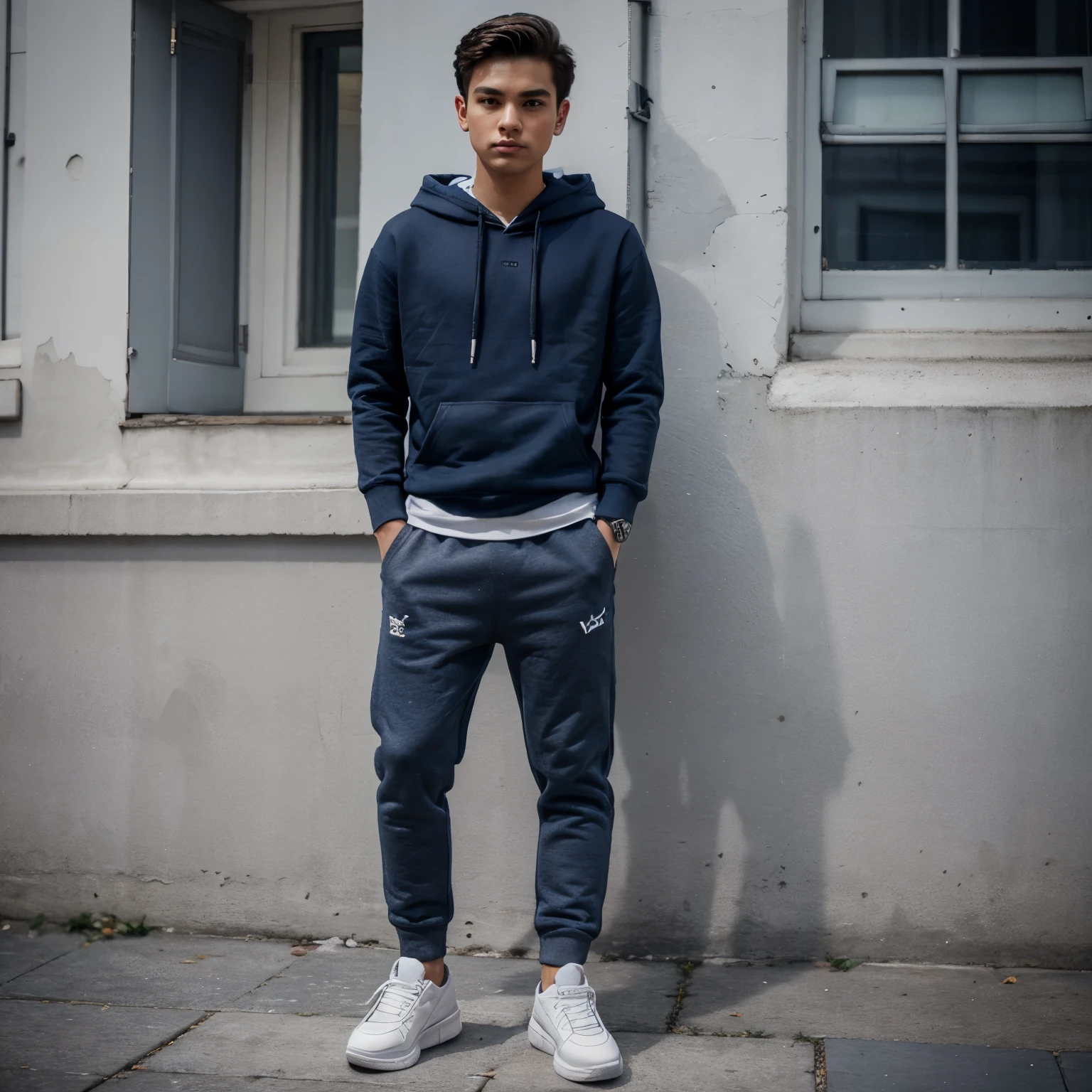 Portraits of 3D Boy wearing navy blue hoodie and grey pants with sneakers