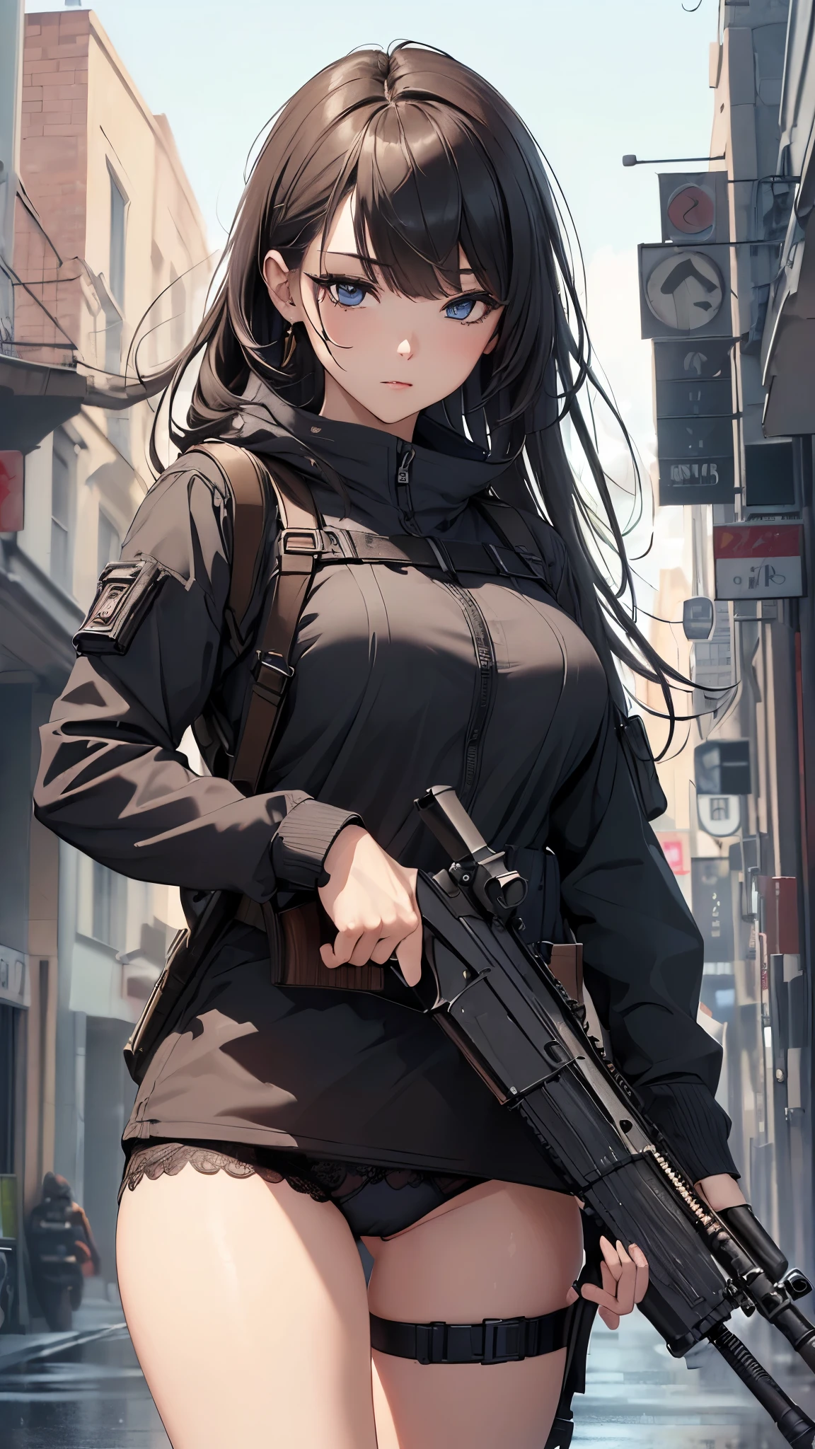 (((masterpiece))), (((High resolution)))、(((8K quality)))、(((perfect face)))、(((woman having a assault rifle))), ((panty)), look at the camera, ((top quality eyes)), (detailed face), (detailed texture)