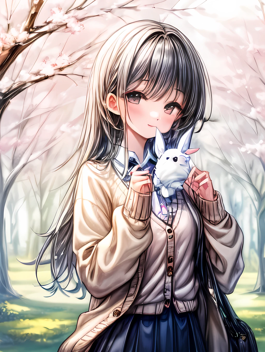 A girl wearing a cardigan playing with rabbits in a peaceful spring landscape.