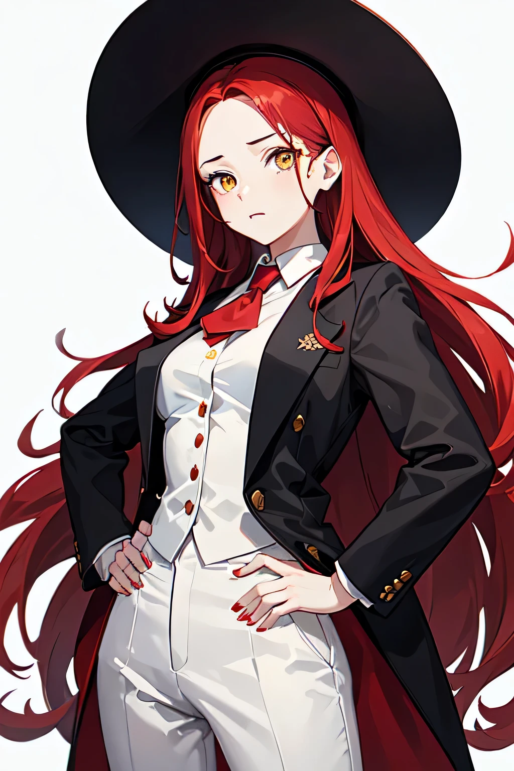 masterpiece, best quality, limited palette, 1girl, solo, looking at viewer, scarlet red hair, ((long hair, forehead)), yellow eyes, medium breasts, neutral, wide sunhat, hands on hips, black cropped jacket, white shirt, button shirt, suit, suit pants, black pants, white background, simple background, transparent background, standing, upper body, portrait