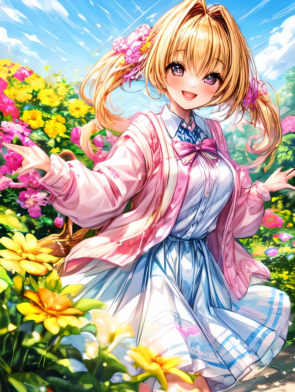 A cute girl wearing a cardigan with a cheerful smile on her face, standing in a sunny garden surrounded by colorful flowers.