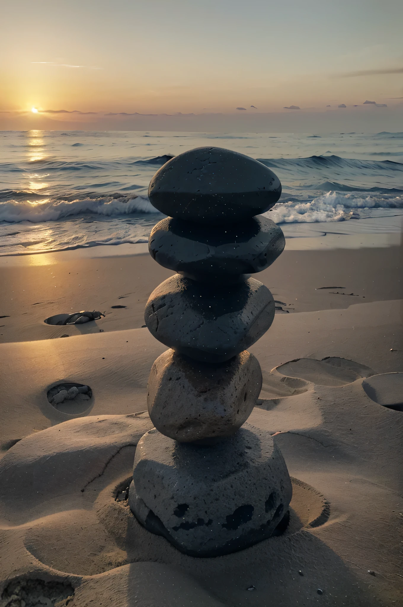 ((best quality)), ((masterpiece)), (detailed), no people, "A small, peaceful stone cairn on a serene beach at sunset, with gentle waves in the background. The scene should evoke a sense of balance and tranquility, symbolizing the guiding spirit of the account."