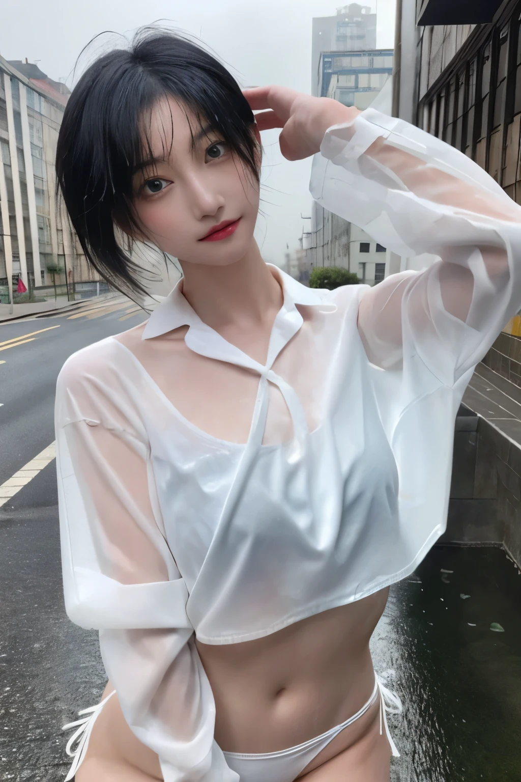 Masterpiece、highest quality、Woman 1、Long-limbed woman、Photo realistic、Super detailed、Gravure idol Black Hair、short hair、Straight Hair、Hair gets wet White Bikini、shirt【see through】【show off nipples under white shirt】 Soft thighs Rainy city、Flooded city、Right in the middle of the city