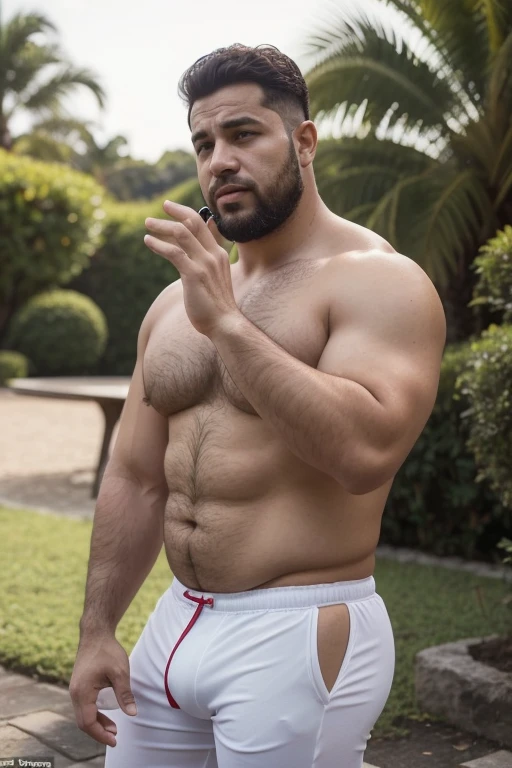 Create a photorealistic full body image of Fred Flinstone chubby chubby extremely thick thighs bulging belly wearing only red speedos as if he were a real man. Ele deveria ter barba por fazer. Japanese businessman, gordinho e atarracado, de 56 anos, ex-jogador de rugby, com cabelo curto e barba curta, in a suit and tie and competitive white swim pants, sentado em um banco em um parque tranquilo.(((talking to the spectator gesturing with his hands, dialogando, discutindo. he is calling the viewer, he is delivering something, he is gesturing for you to come closer to him. Gargalhando, zangado, triste, muito feliz, deprimido. Cabelos de cores variadas.)))