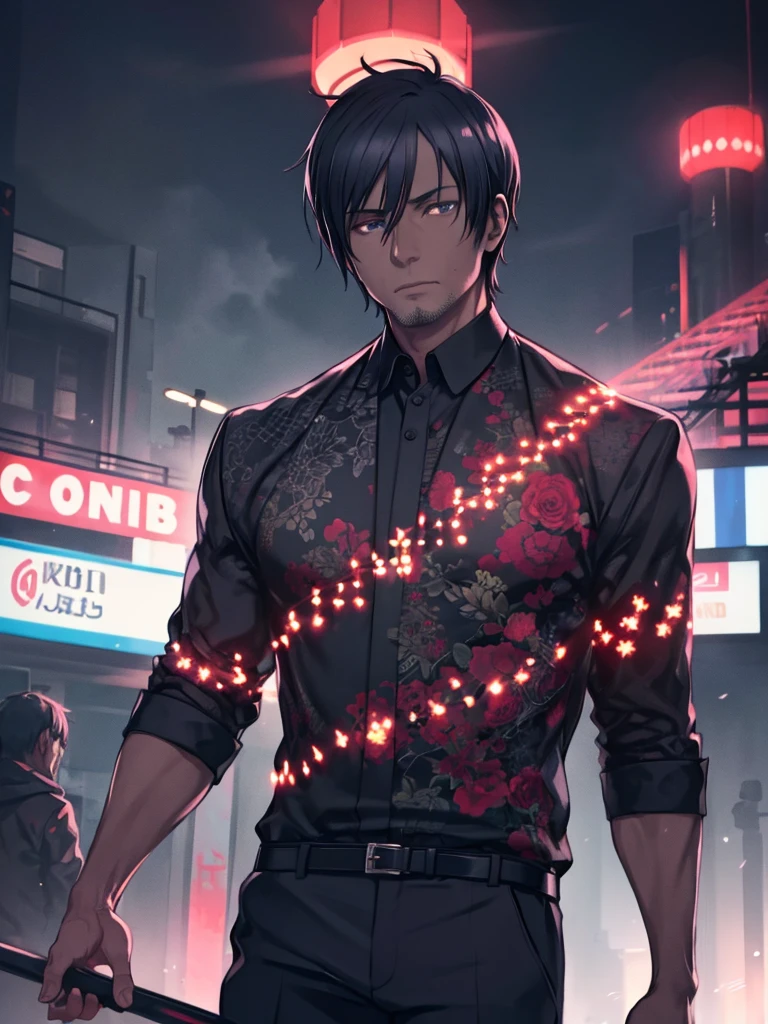 Outdoor, Black Mature Men, Wearing a black and red floral shirt, Wearing black dress pants, blue eyes, Glowing Eyes, short hair, Grey Skin, Club Environment, night, Blue Neon Sign, 8k, Unreal Engine, Very detailed, Realistic,