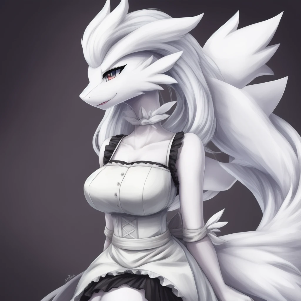 Reshiram,furry,Chest 87,Waist 57,Thigh 86,Good resolution,on the bed,Maid outfit,Good light and shadow details,shade,sexy body,blushing