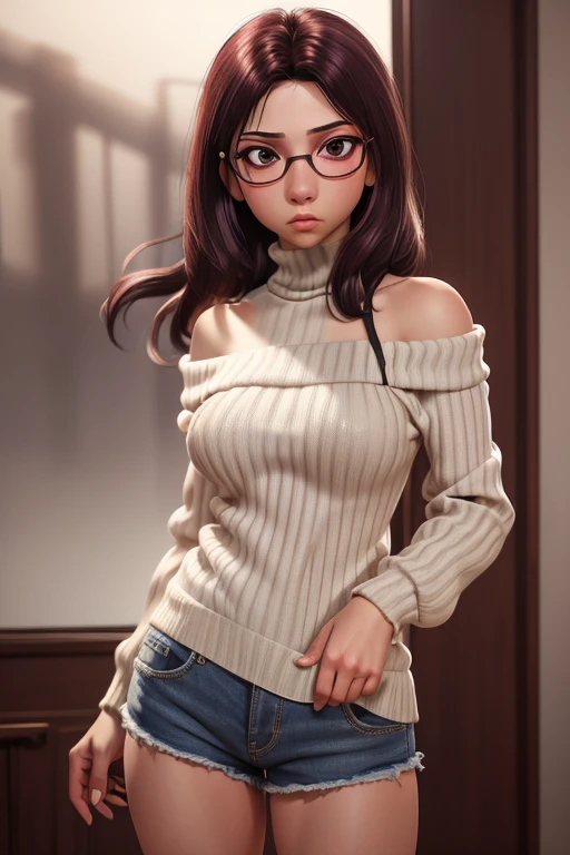 (Obra maestra), mejor calidad, extremadamente detallado, (Acuarela), flor, delicado y hermoso, illustration, (debajo),(1menina:1.4), (Solo:1.2), tetas grandes, (ribbed sweater:1.3), off shoulder sweater, (shorts cortos:1.2), ombros nus, (Pecho inferior), ((Piel oscura:0.8)), Ojos bonitos, (disheveled pelotography, disparo por encima del hombro, Dirigido por: Alex Maleev, Profesional, canon camera, nikon camera, afilado, bokeh, calidad de estudio, lentes de ojo de pez, Dirigido por: Robert Capa,