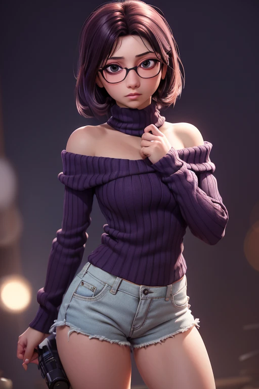 (Obra maestra), mejor calidad, extremadamente detallado, (Acuarela), flor, delicado y hermoso, illustration, (debajo),(1menina:1.4), (Solo:1.2), tetas grandes, (ribbed sweater:1.3), off shoulder sweater, (shorts cortos:1.2), ombros nus, (Pecho inferior), ((Piel oscura:0.8)), Ojos bonitos, (disheveled pelotography, disparo por encima del hombro, Dirigido por: Alex Maleev, Profesional, canon camera, nikon camera, afilado, bokeh, calidad de estudio, lentes de ojo de pez, Dirigido por: Robert Capa,