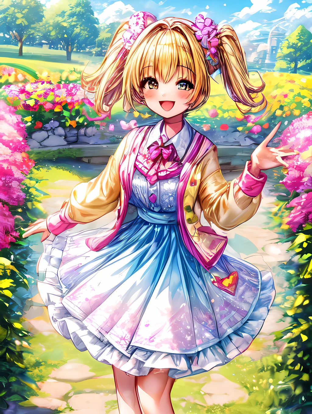 A cute girl wearing a cardigan with a cheerful smile on her face, standing in a sunny garden surrounded by colorful flowers.
