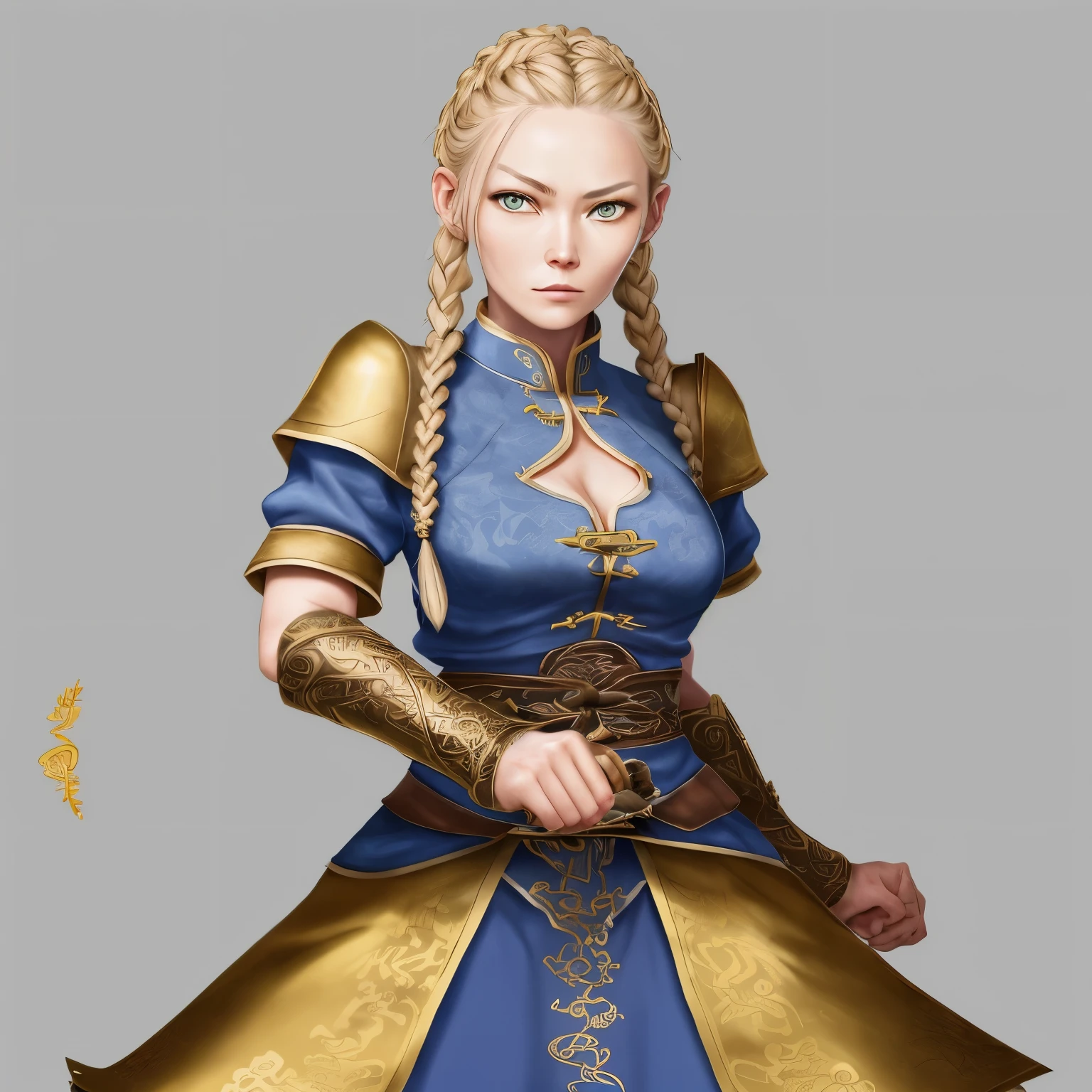 Weiblich, Gnom, spitze Ohren, Shaolin Kleidung, goldene Augen, helle blaue Haut, lavenelfarbige Haare, braids, junge 29 Jahre, bandagierte Arme und Beine, zierliche Gestallt, klein,
