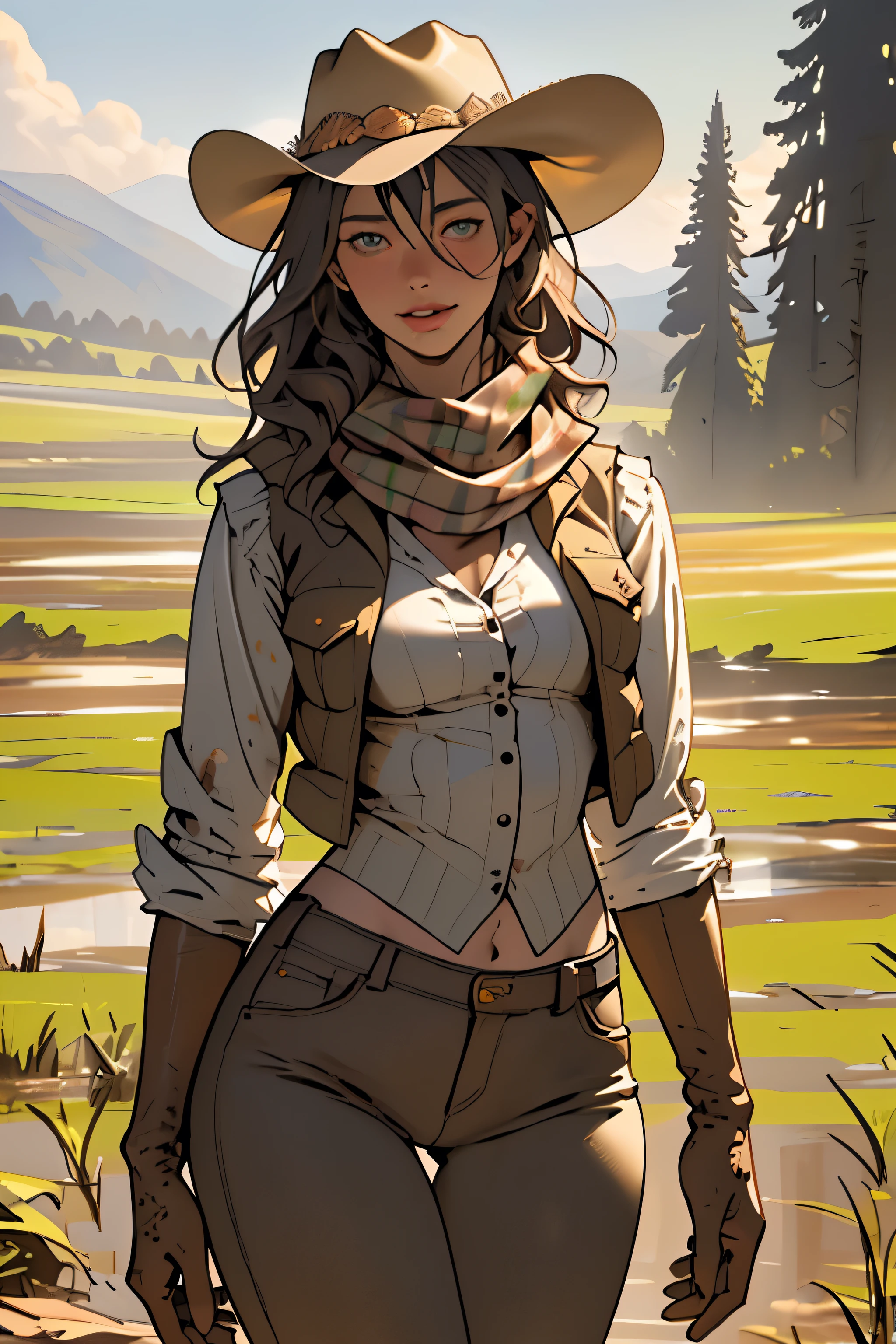 (highest quality, Super detailed, realistic:1.37), outdoor, girl, muddy, detailed and beautiful eyes, beautiful detailed lips, cowboy hat, vest with fringes, slim waist, slender thighs, thigh gap, slim thighs, show belly, pants, scarf, With confidence, medium chest, dusty farm landscape, golden hour lighting