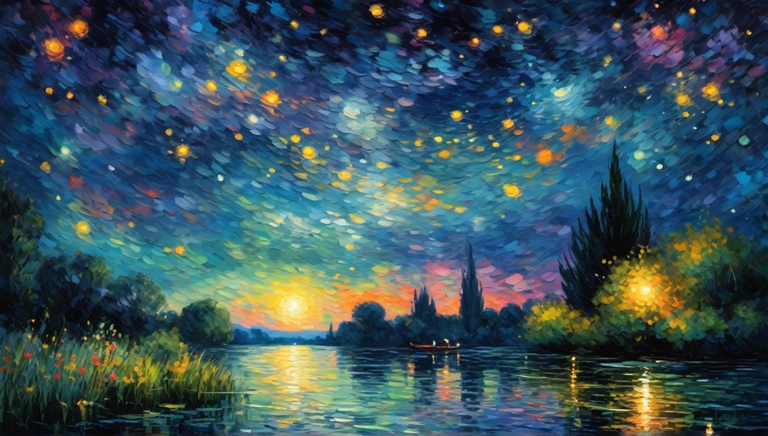 summer night,starry sky,dark light,Monet style, high quality