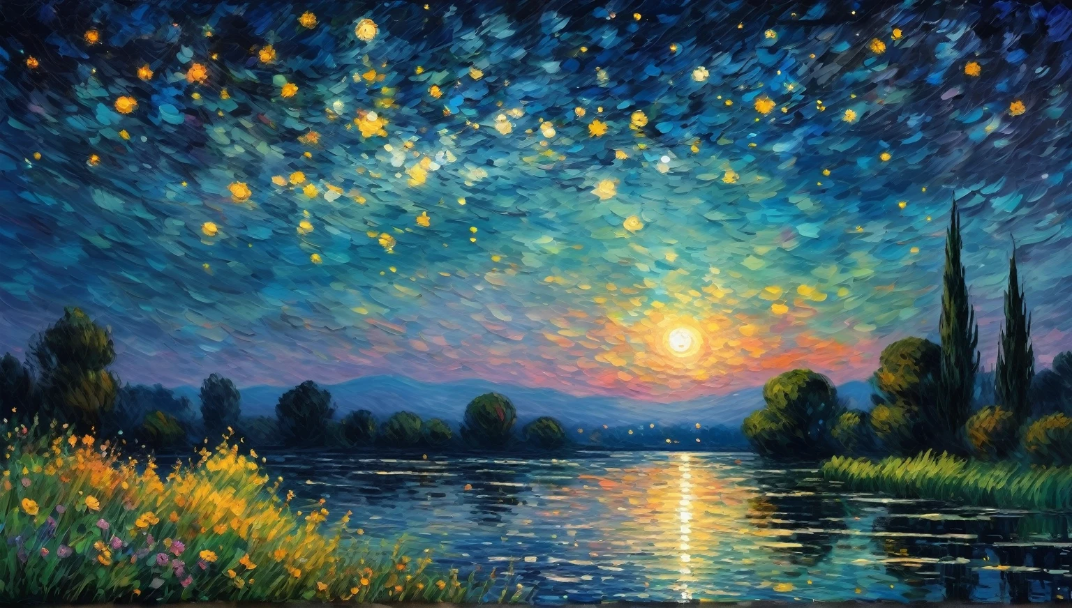summer night,starry sky,dark light,Monet style, high quality