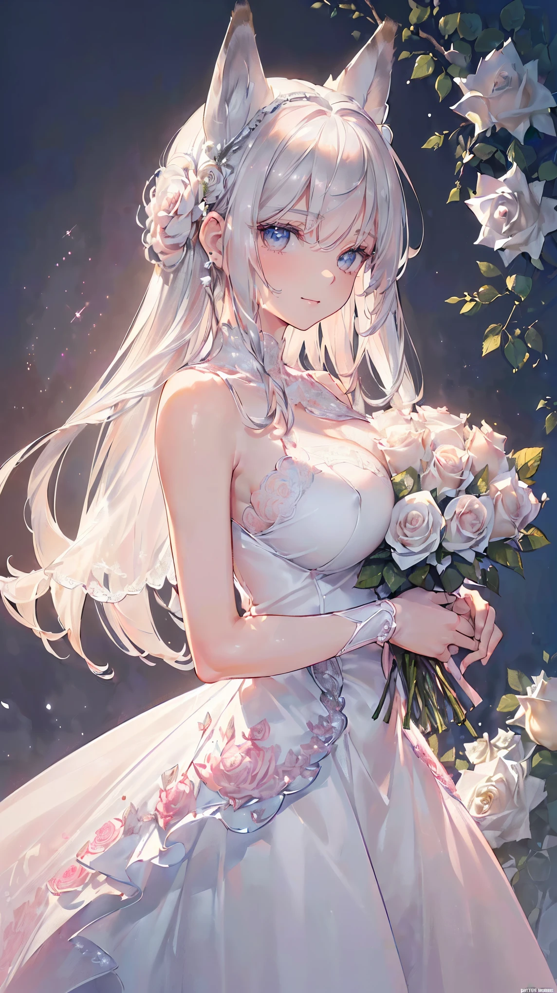 (((Masterpiece))), (((Highest quality))), ((Ultra-detailed)), ((Super fine illustration)), ((Ultra-fine painting)), (16K highest quality wallpaper:1.4), (Upper body:1.4), (Highly detailed and delicate illustration style:1.8), Detailed skin texture, Detailed cloth texture, Detailed rose flower texture, Detailed wood texture, Extreme detailed description, (T-masterpiece), (Highly detailed face:1.4), Original, RAW photo, Professional, Intricate details, Super details, Direct light:1.6, (Perfect :1.4), (Highly detailed hands:1.2), (Highly detailed fingers:1.2), (Highly detailed fingertips:1.2), (27-years-old), Real, (Solo:1.6), ((A very beautiful and attractive silver fox fashion model:1.4)) BRAKE (Beautiful and adorable silver fox ears:1.6), (Highly detailed and delicate silver fox ears:1.4), (Beautiful and well-shaped :1.2), (Beautiful and well-shaped ), (Beautiful and shiny silver hair:1.6), (Highly detailed and delicate silver hair:1.4), (Beautiful clear blue eyes that shine with great detail:1.6), (Highly detailed and delicate blue eyes:1.2), (Highly detailed face:1.4), (Smile:1.4), (Looking at viewer:1.4), (Standing:1.4), (Celebration:1.4) BRAKE ((A beautiful and gorgeous princess dress that is detailed and delicate to be worn at celebratory occasions:1.4)) BRAKE ((Holding in both hands a large bouquet of highly detailed and delicate ((white and pink roses)):1.3)) BRAKE (Just after noon:1.4), (Celebration:1.4), ((Highly detailed and delicate white rose flower and pink rose flower garden background:1.4)), (Highly detailed and delicate royal palace courtyard background in just after noon in spring:1.4) BRAKE 