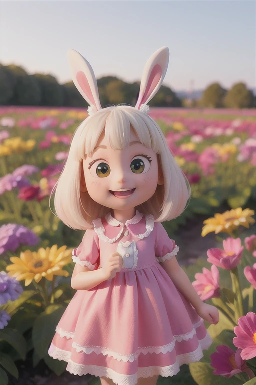 A happy realistic rabbit wearing a pink dress going out in a pink flower field