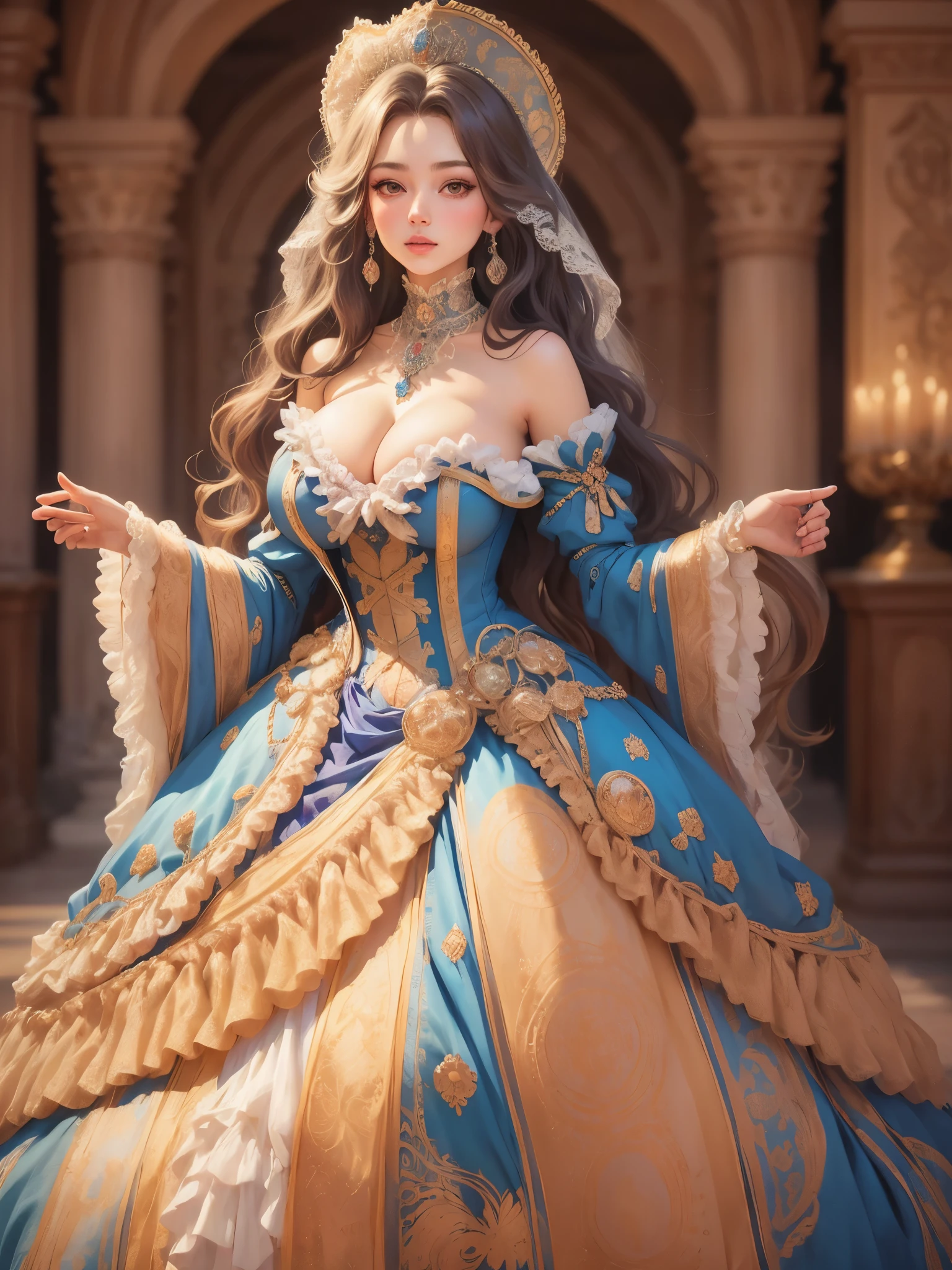 ((moe anime artstyle)),((Masterpiece)),(Best Quality), (Super Detail),((Very Delicate and Beautiful)),((Solo)),full body,(((full body))),((1 bling-bling cute princess in beautiful embroidery and jeweled gorgeous rococo ball gown with voluminous full-length hoop skirt)),(((absurdly gigantic tits))),((cleavage,curvy)),Skindentation,((detailed face and eyes)),jewel-like eyes,((crinoline,long train)),((standing in the royal palace)),super detailed gorgeous rococo ball gown with voluminous full length hoop skirt and long train,(((super detailed bling-bling gorgeous rococo ball gown with beautiful embroidery and jeweled))),((large amount of straight hair, absurdly long hair,Very Long Straight Hair)),extremely gorgeousfull hair ornament,(bling-bling extremely gorgeous jeweled tiara),luxurious jewelry,full body,((super detailed beautiful embroidery and jeweled gorgeous rococo ball gown with voluminous full-length hoop skirt))