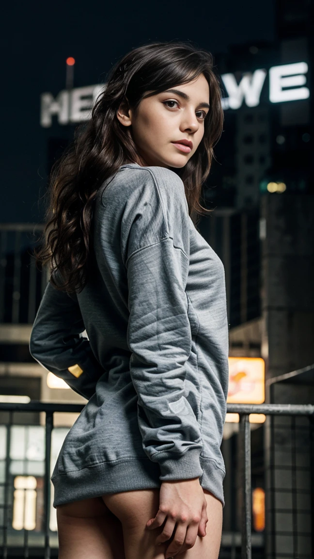 1 girl, erotic, wavy hair, almond eye, no makeup, grey sweatshirt, oversize_shirt, in front of the fence, City of night, cyberpunk atmosphere, close, (from below:1.2), (realistic:1.2), (surreal:1.3), (very detailed:1.1), (seductive)),