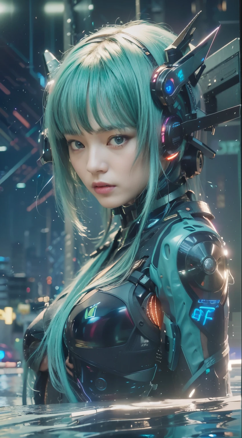 (Long black wavy hair with blue and purple neon lighting:1.2),(Full body photo:1.2) Best image quality, masterpiece, Ultra-high resolution, (Faithfulness:1.4), ((Cyberpunk characters)), Japanese women, Very beautiful face, Skinny, Small breasts,  Cyber Costume, Futuristic, ((Award-winning, ultra-realistic photography))，(Hyper Detail），(Intricate details），(High resolution CGI artwork 8k), LED Light, Atmospheric lighting, Illuminated by neon lights, (Dark city night、Black Background:1.4)