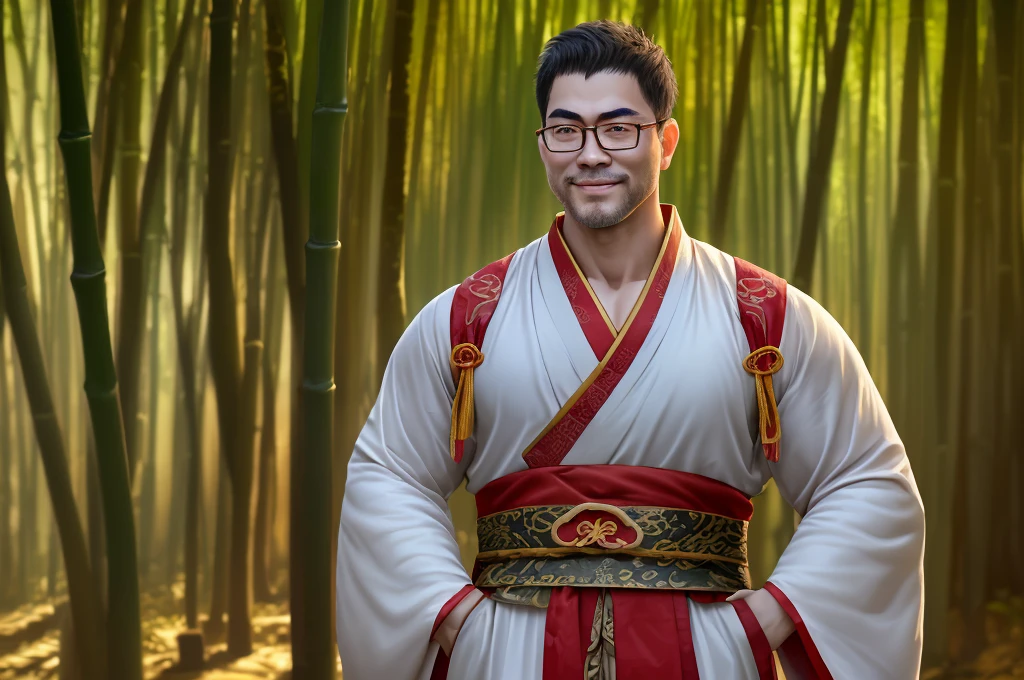 An award-winning original photo,A wild muscular man, (40 years old daddy:1.1), 1boy, Solo, round face, beefy body, (big shoulders), musculature, stubbles, Short beard, Beautiful eyes:1.3, (Detailed face:1.3), wearing glasses, smiles, Dynamic Angle, volumetric lighting, (Best quality, A high resolution, Photorealistic), Cinematic lighting, Masterpiece, RAW photo, stock photo, Intricate details, hdr, depth of field, upper body shot, George Pei, Chris Redfield,A man dressed in traditional clothing rides through a bamboo forest, Hanfu, Palace , A boy in Hanfu, White Hanfu, Wuxia, full-body wuxia, Wearing ancient Chinese clothes, xianxia fantasy, with acient chinese clothes, Chinese costume, Anime boy cosplay, Chinese style, Chinese fantasy, Chinese traditional, Traditional Chinese clothing