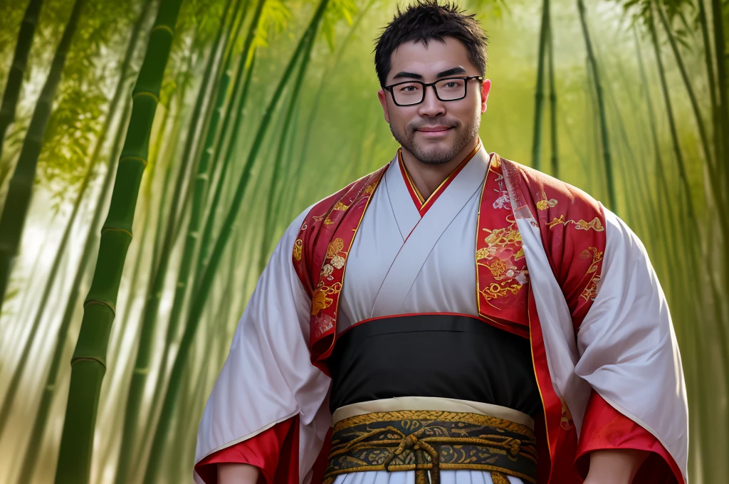An award-winning original photo,A wild muscular man, (40 years old daddy:1.1), 1boy, Solo, round face, beefy body, (big shoulders), musculature, stubbles, Short beard, Beautiful eyes:1.3, (Detailed face:1.3), wearing glasses, smiles, Dynamic Angle, volumetric lighting, (Best quality, A high resolution, Photorealistic), Cinematic lighting, Masterpiece, RAW photo, stock photo, Intricate details, hdr, depth of field, upper body shot, George Pei, Chris Redfield,A man dressed in traditional clothing rides through a bamboo forest, Hanfu, Palace , A boy in Hanfu, White Hanfu, Wuxia, full-body wuxia, Wearing ancient Chinese clothes, xianxia fantasy, with acient chinese clothes, Chinese costume, Anime boy cosplay, Chinese style, Chinese fantasy, Chinese traditional, Traditional Chinese clothing