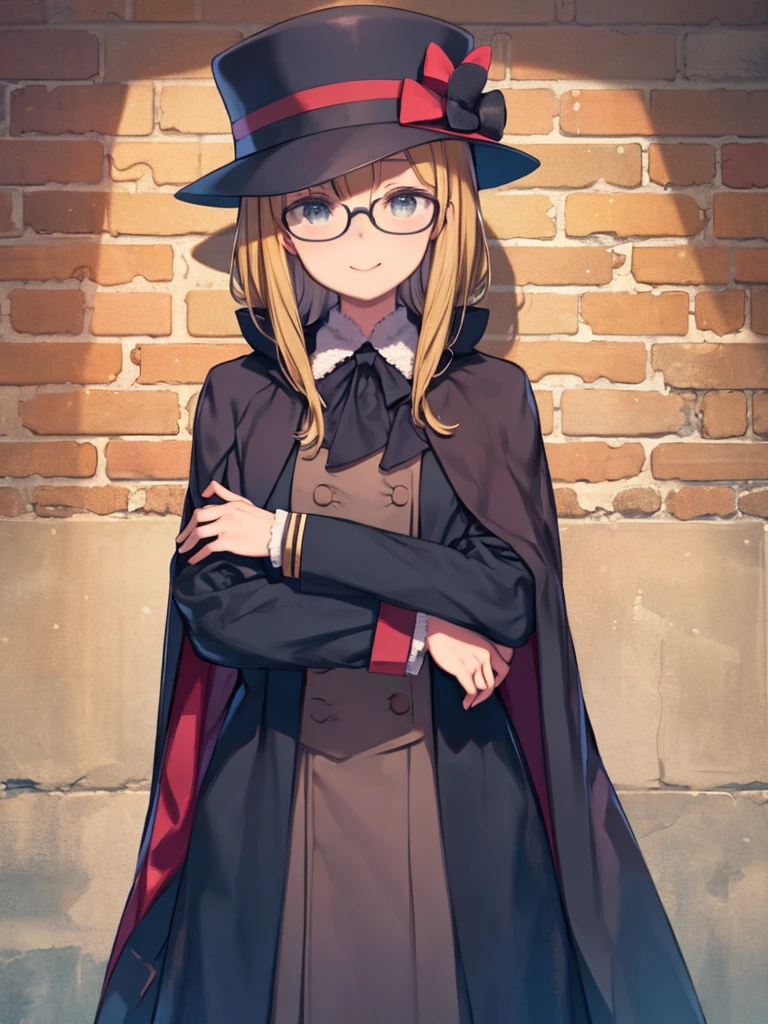 masterpiece、highest quality、High resolution、Very detailed、Medium wide shot、Girl、Detective、Sherlock Holmes Costume、hat、Glasses、Cape、Cross your arms、Brick wall、Smiling、Watching the audience、