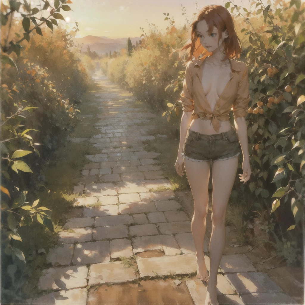 Beautiful slender thin exquisite (nude) (Girl ) (with a perfect southern type face) with short red hair (with tender beautiful big breasts with tender nipples) barefoot with bare thighs ((with red pubic hairs)) ((in an unbuttoned open light orange shirt over his naked body and short light orange shorts)) coming (along the brick road) in the middle of a flowering field (with a glass of wine), in a gentle watercolor style, Discreet shades, sfumato, haze, diffused dim light, delicate mint shades, imitation of film photography, (olive and grape groves, Brick Road), (High image quality, Maximum detail), (sunset lighting, Warm evening shades, warm golden and olive sunset light)