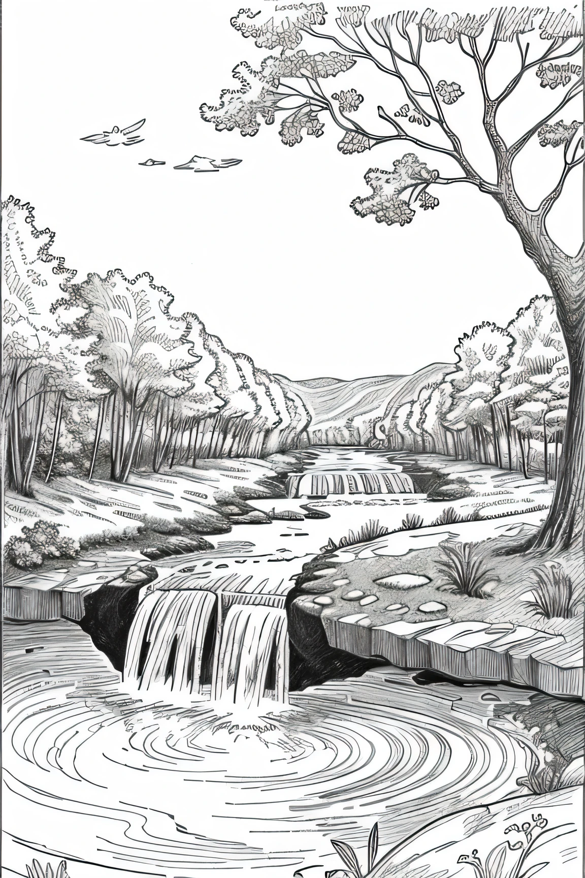 coloring book for kids 3 to 5 years contains flower and tree and Forest Water Stream In the form of drawings