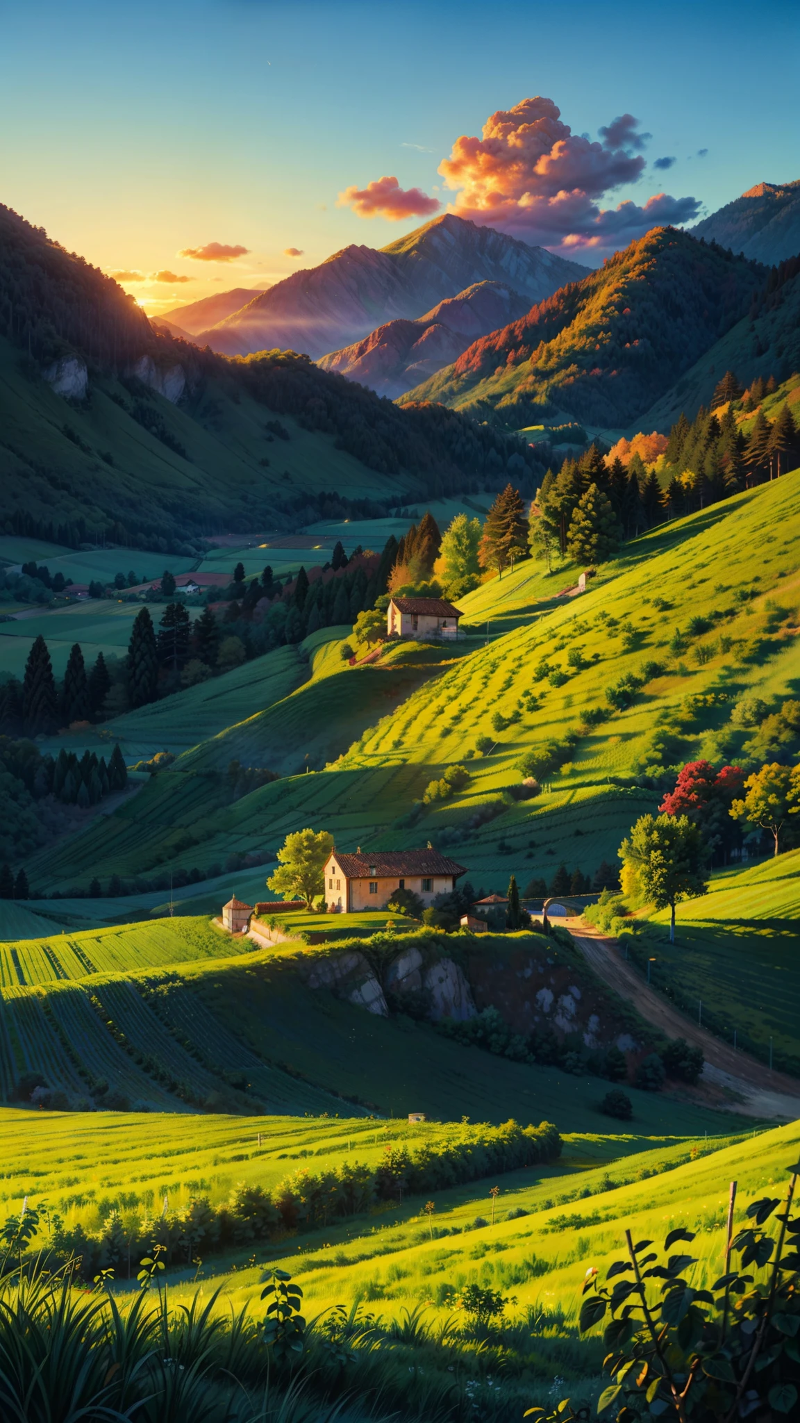 (obra de arte), ((mais alta qualidade)), (super detalhado), ((very delicnoe and beautiful)), (Incrivelmente absurdo))), Behold the picturesque vineyard nestled in the heart of Italy, where rows of lush grapevines stretch as far as the eye can see. Surrounded by rolling hills and majestic mountains in the distance, the vineyard exudes a sense of tranquility and timeless beauty. As the sun sets over the horizon, casting a warm golden light across the landscape, the vineyard comes alive with vibrant colors and serene atmosphere. Delicate clouds dance gracefully in the sky, painting a breathtaking backdrop for this idyllic scene. Capture the essence of Italian charm and natural splendor in this captivating vineyard setting. Don't peoples, nobody