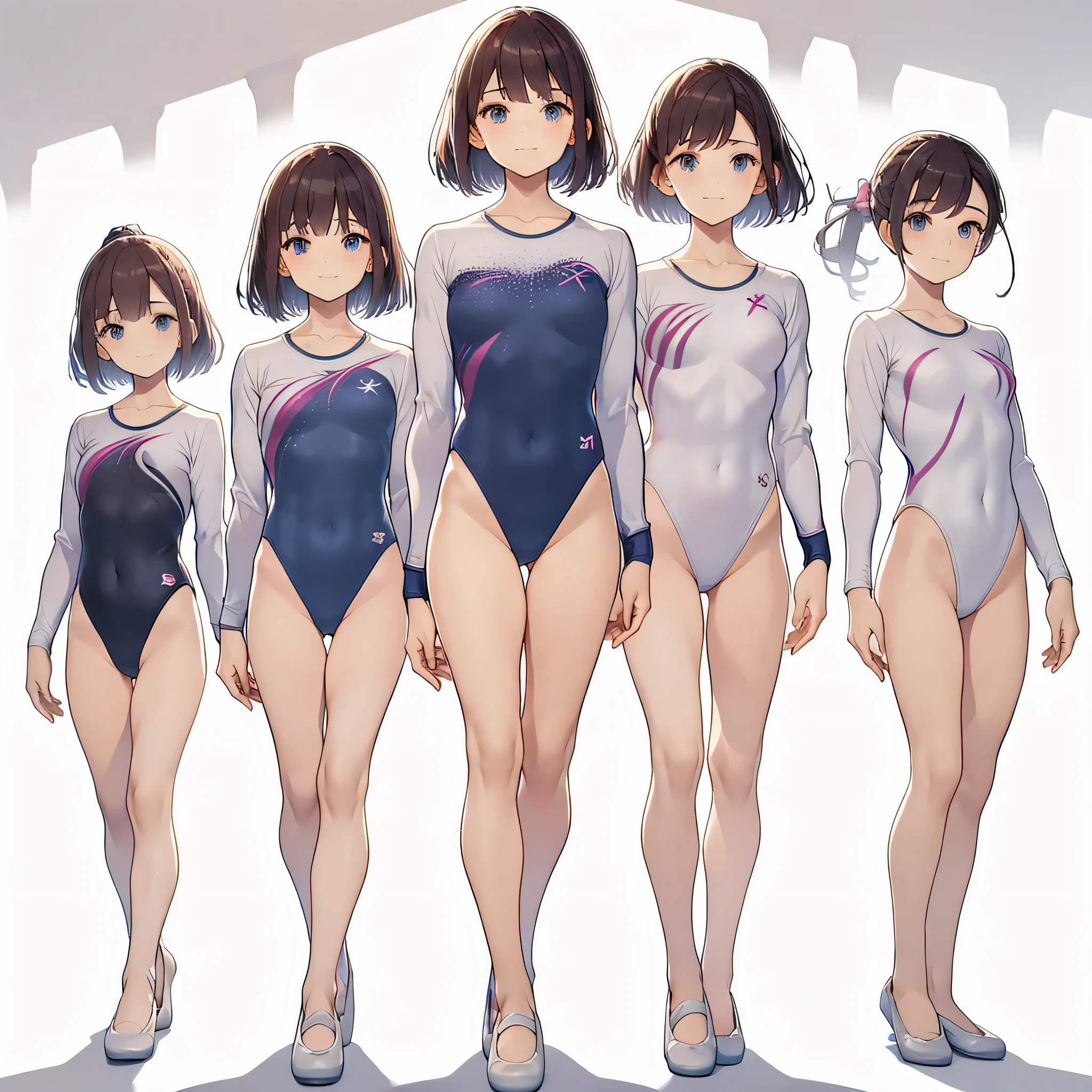 Gymnastics club,(4 girls:1.3),(long sleeves leotard:1.3),full body, bob cuts hair, long hair, (over , under 19 years old:1.2), ballet shoes, white background
