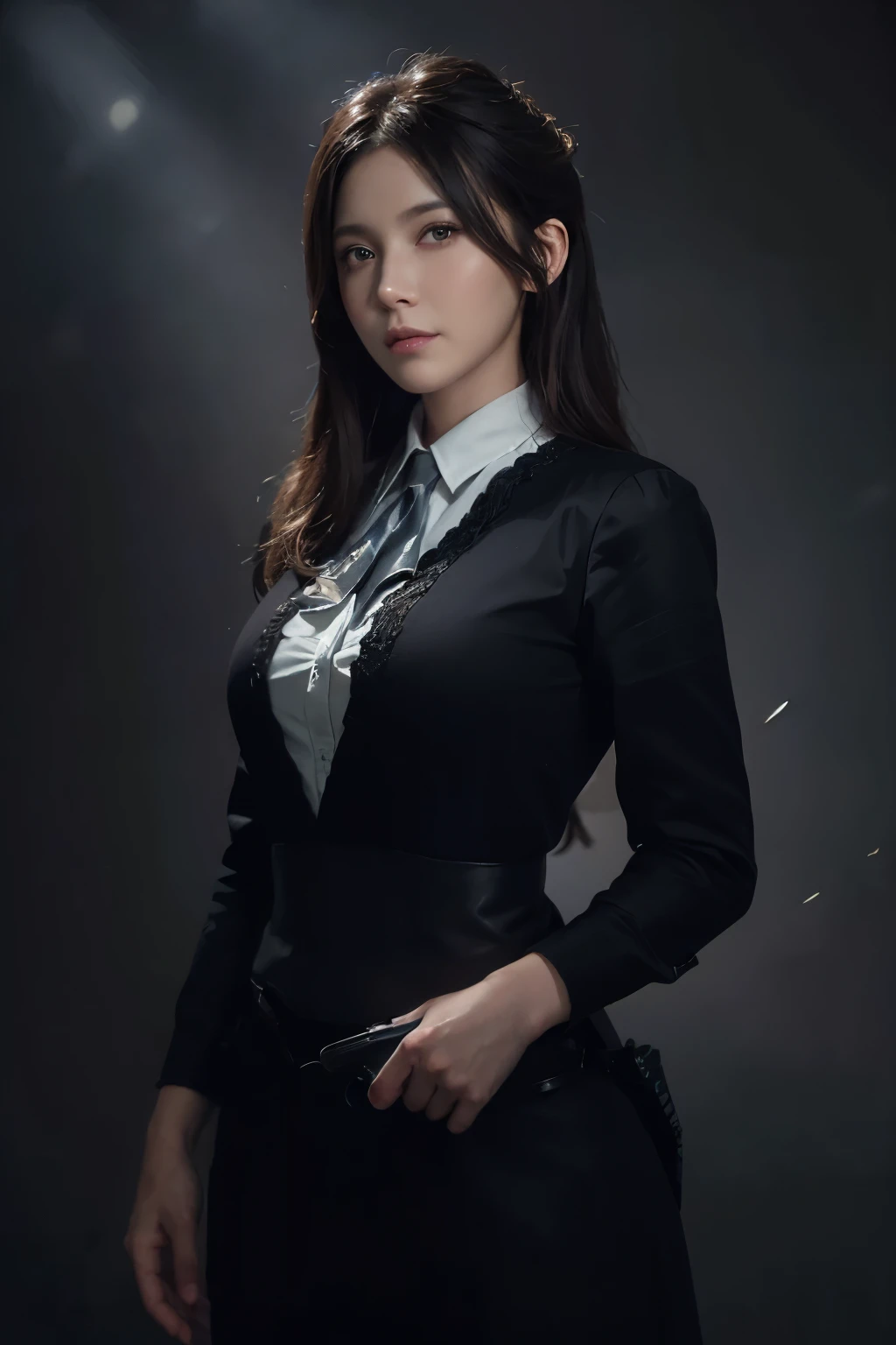 (front focus), (in the dark:1.6), Hyperrealist portrait of female by david hockney and alphonse mucha, fantasy art, photo realistic, dynamic lighting, artstation, poster, volumetric lighting, very detailed faces, 4 k, award winning, 1girl, in the dark, deep shadow, low key, cowboy shot, (official clothing:1.4), long hair, white hair