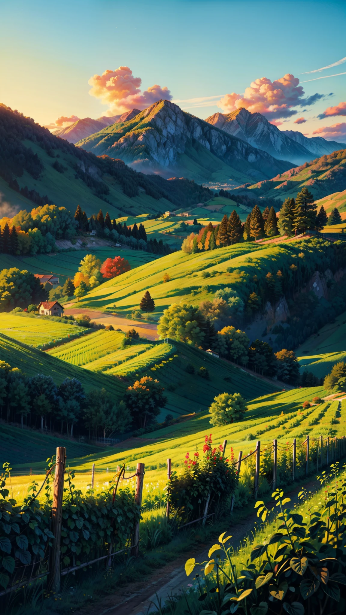 (obra de arte), ((mais alta qualidade)), (super detalhado), ((very delicnoe and beautiful)), (Incrivelmente absurdo))), Behold the picturesque vineyard nestled in the heart of Italy, where rows of lush grapevines stretch as far as the eye can see. Surrounded by rolling hills and majestic mountains in the distance, the vineyard exudes a sense of tranquility and timeless beauty. As the sun sets over the horizon, casting a warm golden light across the landscape, the vineyard comes alive with vibrant colors and serene atmosphere. Delicate clouds dance gracefully in the sky, painting a breathtaking backdrop for this idyllic scene. Capture the essence of Italian charm and natural splendor in this captivating vineyard setting. Don't peoples, nobody