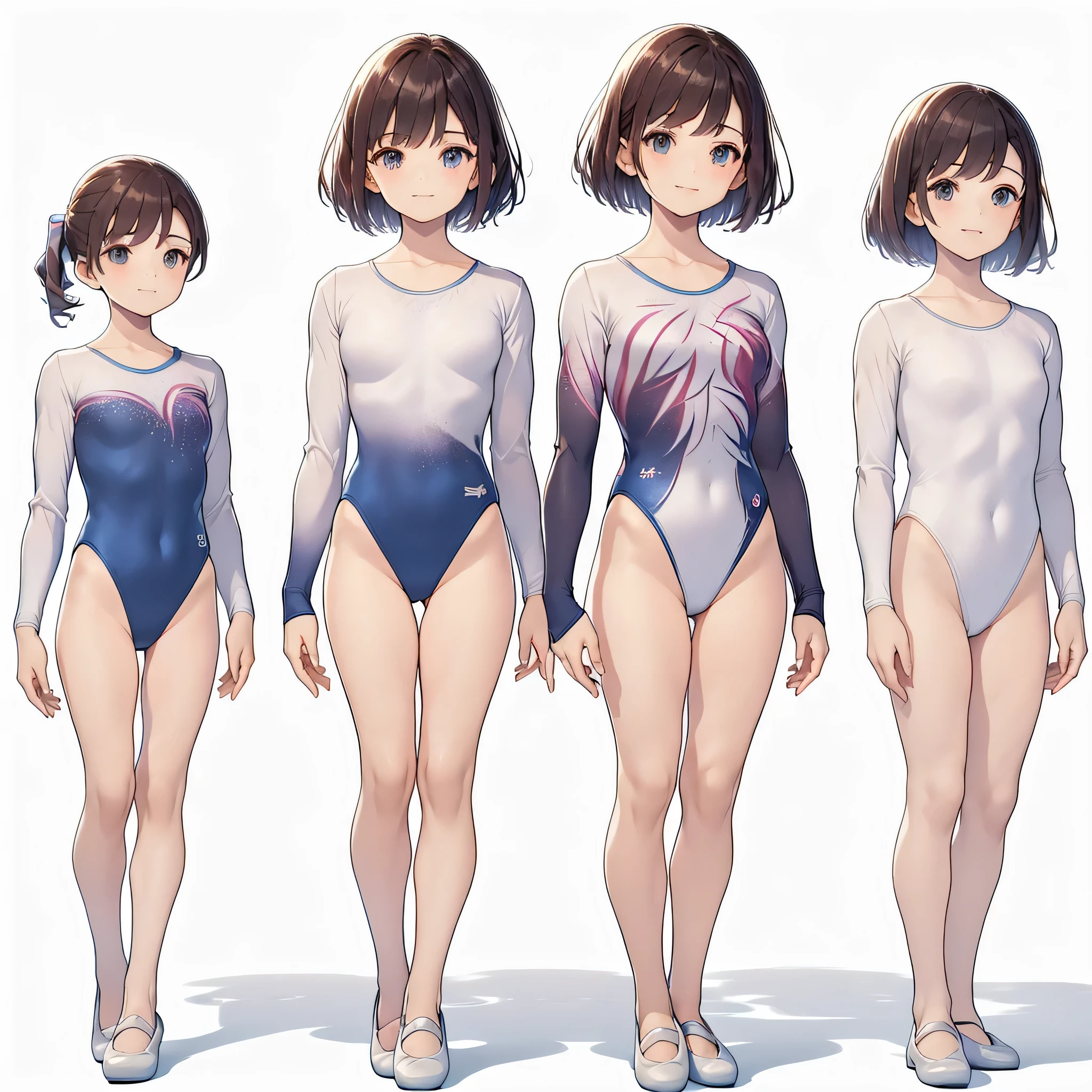 Gymnastics club,(4 girls:1.3),(long sleeves leotard:1.3),full body, bob cuts hair, long hair, (over , under 19 years old:1.2), ballet shoes, white background