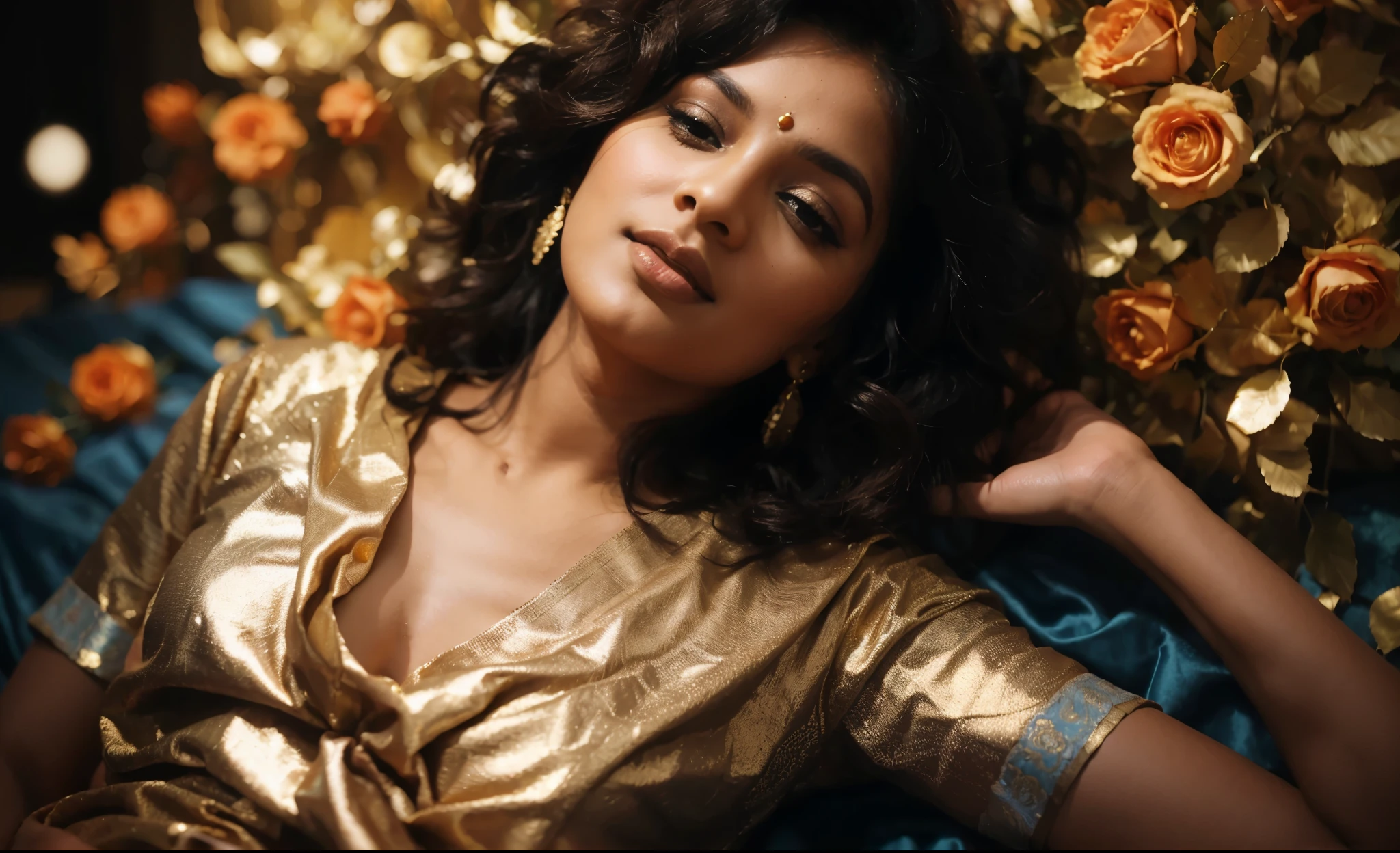 beautiful woman from india in golden saree laying on a luxurious bed, in the style of diana f+