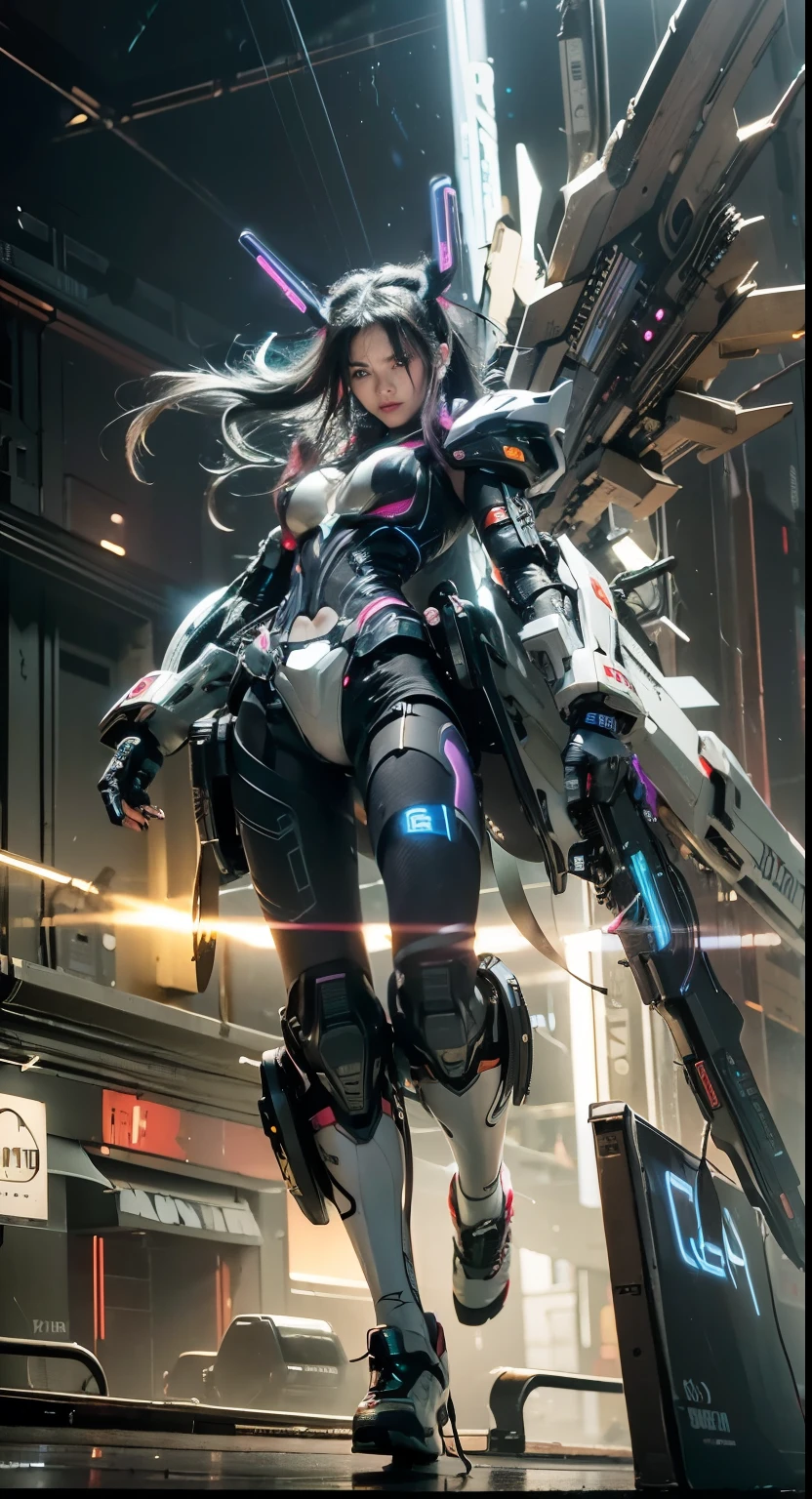 (Long black wavy hair with blue and purple neon lighting:1.2),(Full body photo:1.2) Best image quality, masterpiece, Ultra-high resolution, (Faithfulness:1.4), ((Cyberpunk characters)), Japanese women, Very beautiful face, Skinny, Small breasts,  Cyber Costume, Futuristic, ((Award-winning, ultra-realistic photography))，(Hyper Detail），(Intricate details），(High resolution CGI artwork 8k), LED Light, Atmospheric lighting, Illuminated by neon lights, (Dark city night、Black Background:1.4)