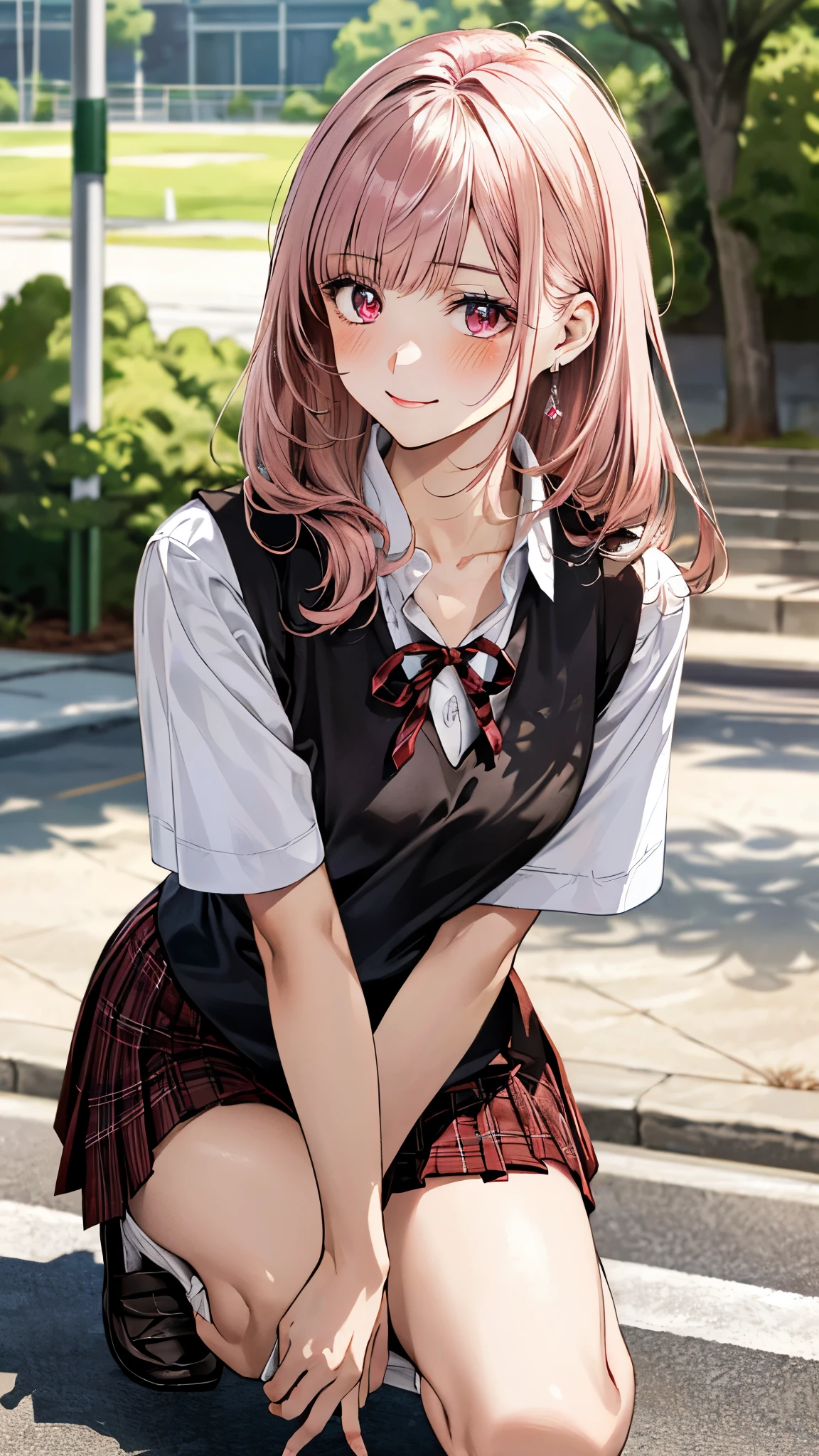 (masterpiece:1.3, top-quality, ultra high res, ultra detailed), (realistic, photorealistic:1.4), beautiful illustration, perfect lighting, natural lighting, colorful, depth of fields, surrealism,
beautiful detailed hair, beautiful detailed face, beautiful detailed eyes, beautiful clavicle, beautiful body, beautiful chest, beautiful thigh, beautiful legs, beautiful fingers, shiny skin,
looking at viewer, 1 girl, japanese, high school girl, (perfect anatomy, anatomically correct, super detailed skin), cute and symmetrical face, babyface, perfect face, perfect eyes, slender,
(long hair:1.8, straight hair, pastel pink hair), blunt bangs, maroon eyes, slant eyes, long eye lasher, (medium breasts, seductive thighs),
((detailed cloth texture, white collared shirt, break,break, closed dark brown suit vest, break,break, dark red plaid pleated mini skirt, break,break,break, dark red neck ribbon)),
(beautiful scenery), evening, (outside high school), squatting, (lovely smile, upper eyes),