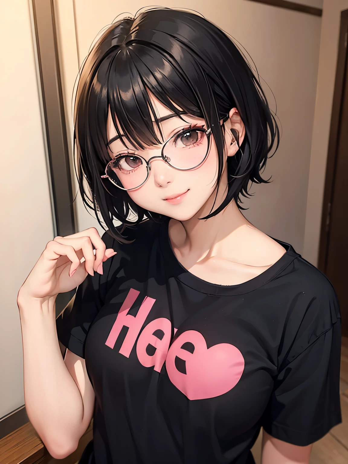Black hair. Short hair. Anime girl. Asian girl. Ulzzang. Glasses. Small breast. Smile. Spoken heart.
