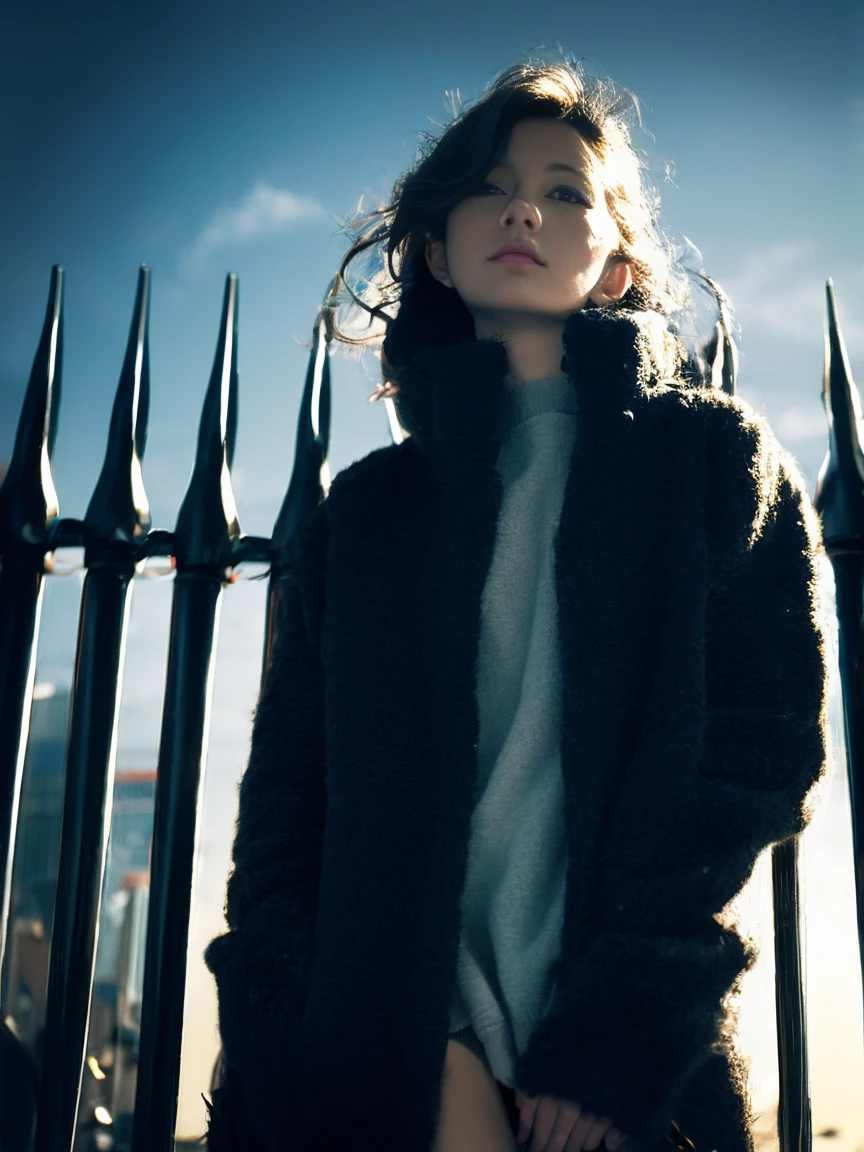 1 girl, erotic, wavy hair, almond eye, no makeup, grey sweatshirt, oversize_shirt, in front of the fence, City of night, cyberpunk atmosphere, close, (from below:1.2), (realistic:1.2), (surreal:1.3), (very detailed:1.1), ((seductive)),
