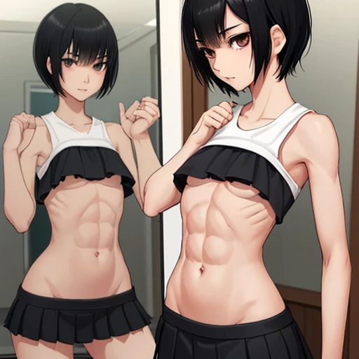 Slender, pretty high school girl, happy to see her whole body in the mirror. Just a little muscle tone, a little bit of abdominal muscle visible on her belly, short black hair, small breasts,