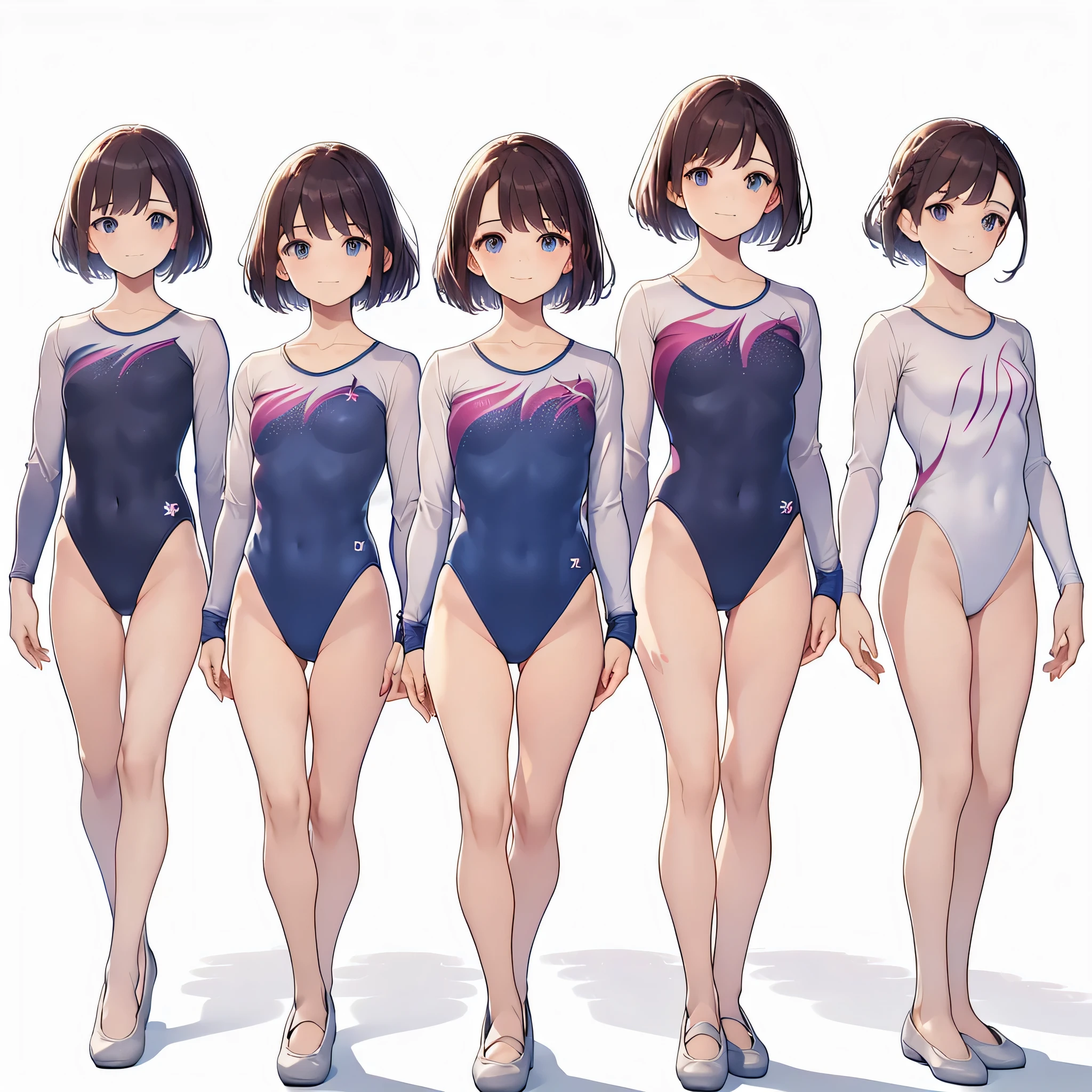 Gymnastics club,(4 girls:1.3),(long sleeves leotard:1.3),full body, bob cuts hair, long hair, (over ************, under 19 years old:1.2), ballet shoes, white background
