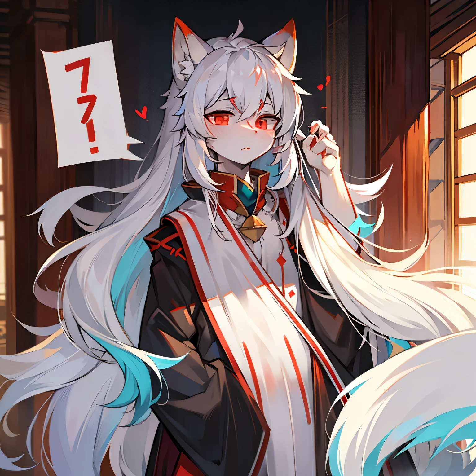 White Fox，Red eye tail，Cyan pupils，Close your eyes，White hair，Long hair，Hanfu，male，fear，