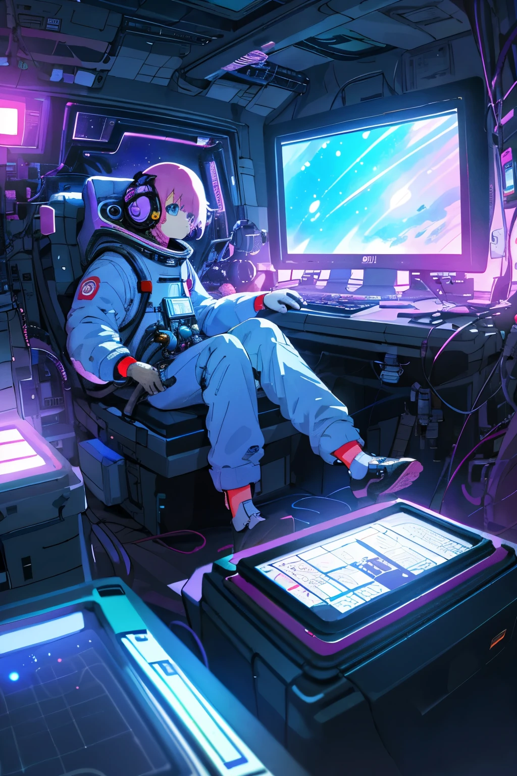 Isometric anime cartoon space station interior: A captivating scene of an astronaut immersed in work, surrounded by vibrant colors and intricate details. The control panel, adorned with a myriad of buttons and switches, is bathed in the soft glow of a purple-blue gradient background. Neon lights, reminiscent of cyberpunk designs, flash with a kaleidoscope of hues, casting an otherworldly luminescence on the isometric anime manga illustration. With a quill in hand, the astronaut scribbles on paper, engrossed in the weighty responsibilities of space exploration.
Katsuhiro Otomo'