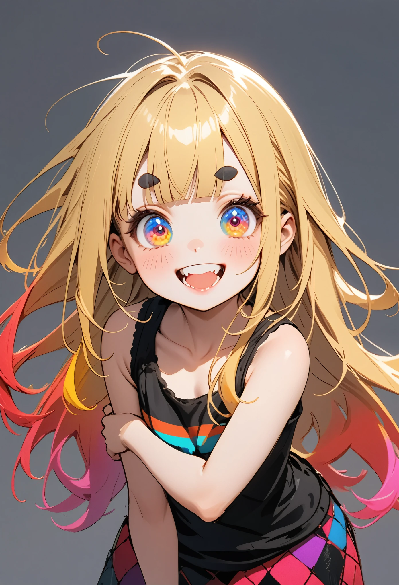 ((Masterpiece)), ((best quality)), (messy sketch:1.4), (High Definition:1.3), (Professional Photography:1.3), ((12 years old)), cute young Girl, Glossy unruly hair, (loose blunt bangs), blonde hair with red mesh, (red mesh), long hair, big eyes, (long eyelashes), ((Thin and short eyebrows)), colorful eyes, (cute smile), open mouth, jagged teeth, joy, (cute tanktop), barearms, cute, (place hand to hip), (colorful:1.3), gothic makeup, (simple concrete background),