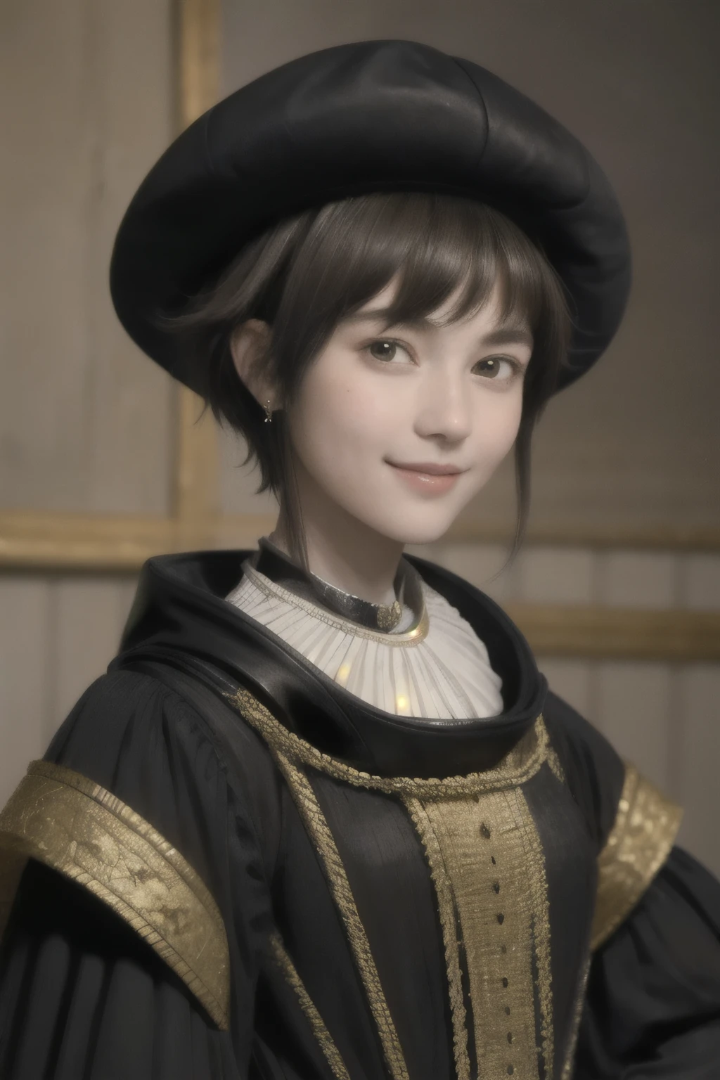 221 Short Hair, 20-year-old woman, A kind smile, (Luxurious stables), (Rembrandt-style painting), (Focus on the face, Written boundary depth)