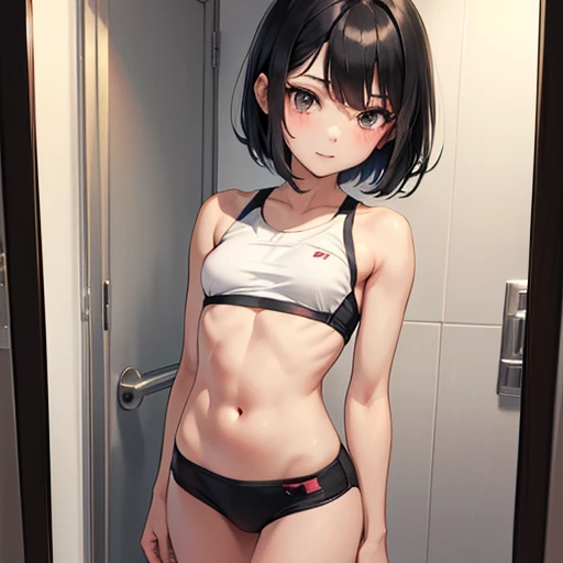 Slender, pretty high school girl, happy to see her whole body in the mirror. Just a few muscles streaks visible, short black hair, small breasts,