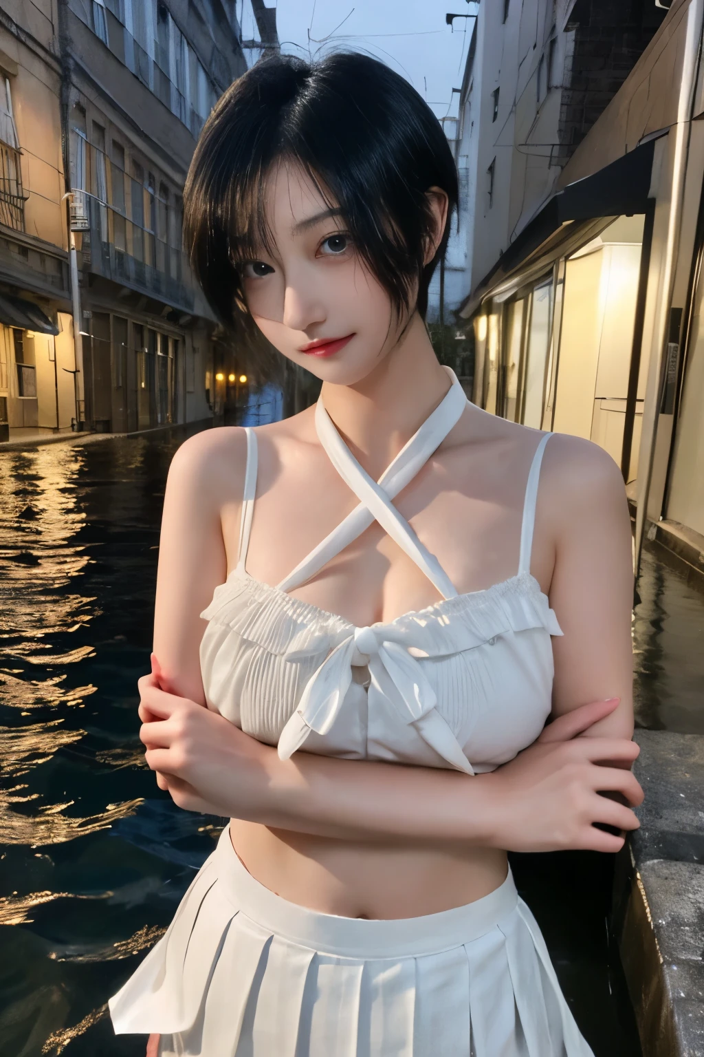 Masterpiece、highest quality、Woman 1、Long-limbed woman、Photo realistic、Super detailed、Gravure idol Black Hair、short hair、Straight Hair、Hair gets wet White Bikini、Pleated skirt、Long skirt Large Breasts、Soft thighs Night Pool